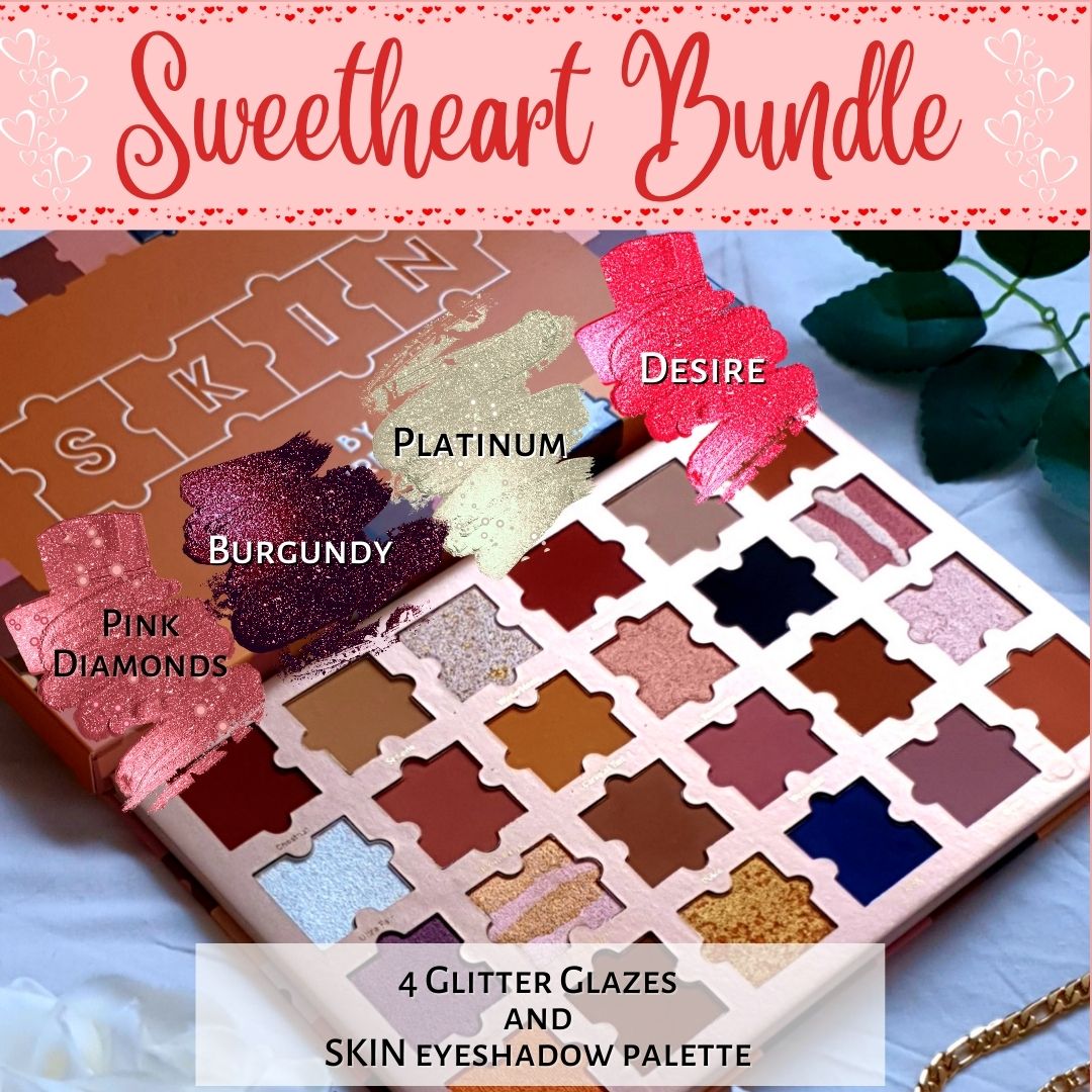 Valentines day gifts for her. Makeup beauty bundle by Empress Me Skin eyeshadow palette and glitter Glaze